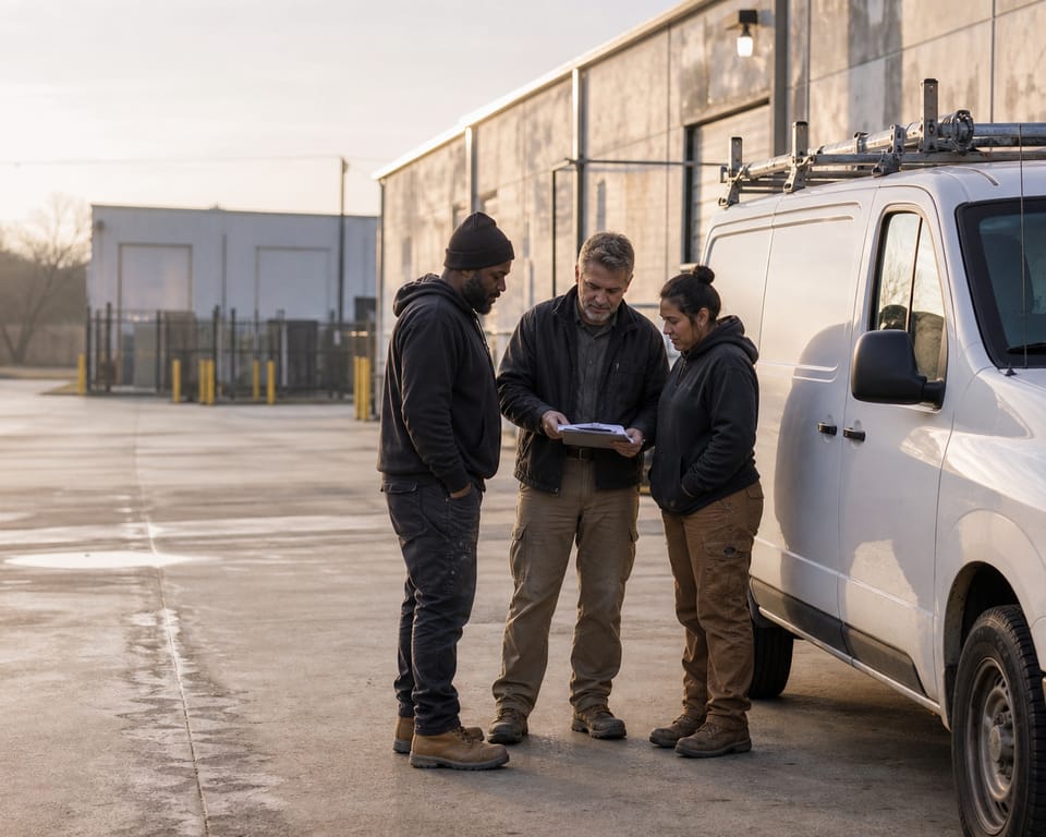 Concept image of field-service operators reviewing a work plan beside a van